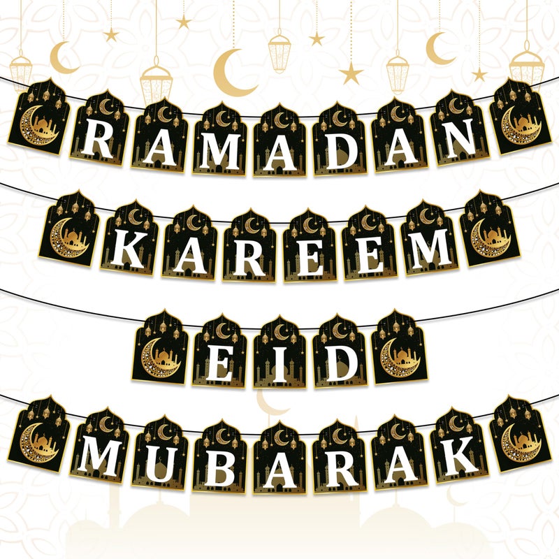 WATINC 4pcs Ramadan Kareem Banner Eid Mubarak Decoration  Ramadan Hanging Banners Decor  No DIY Needed Eid Mubarak Al-Fitr Iftar Party Favor Hang Bunting Supplies for Home Tree Fireplace Wall 10 Feet - Image 1