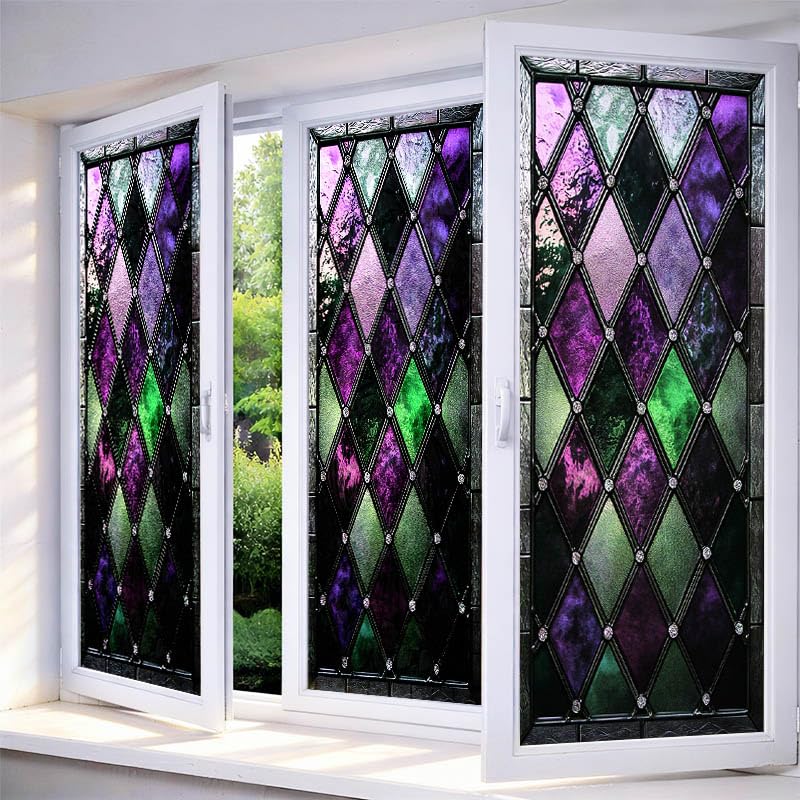 IVN Privacy Window Film Stained Glass Window Cling Purple and Green Diamond Design Decorative Static Cling Window Sticker for Bathroom Kitchen Entry Door 17.7 x 39.3 Inch - Image 1