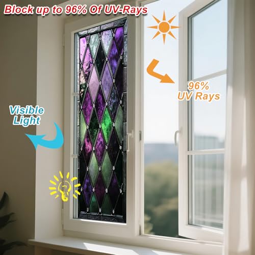 IVN Privacy Window Film Stained Glass Window Cling Purple and Green Diamond Design Decorative Static Cling Window Sticker for Bathroom Kitchen Entry Door 17.7 x 39.3 Inch - Image 4