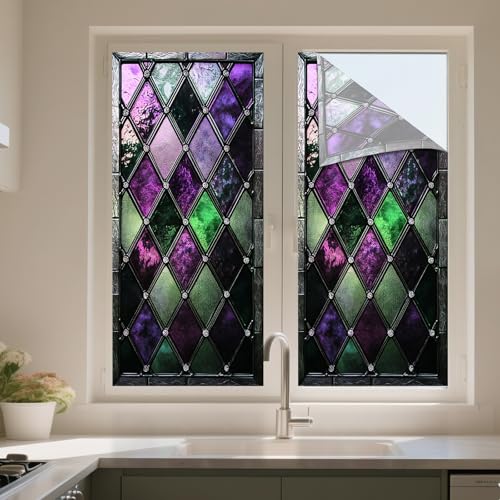 IVN Privacy Window Film Stained Glass Window Cling Purple and Green Diamond Design Decorative Static Cling Window Sticker for Bathroom Kitchen Entry Door 17.7 x 39.3 Inch - Image 5