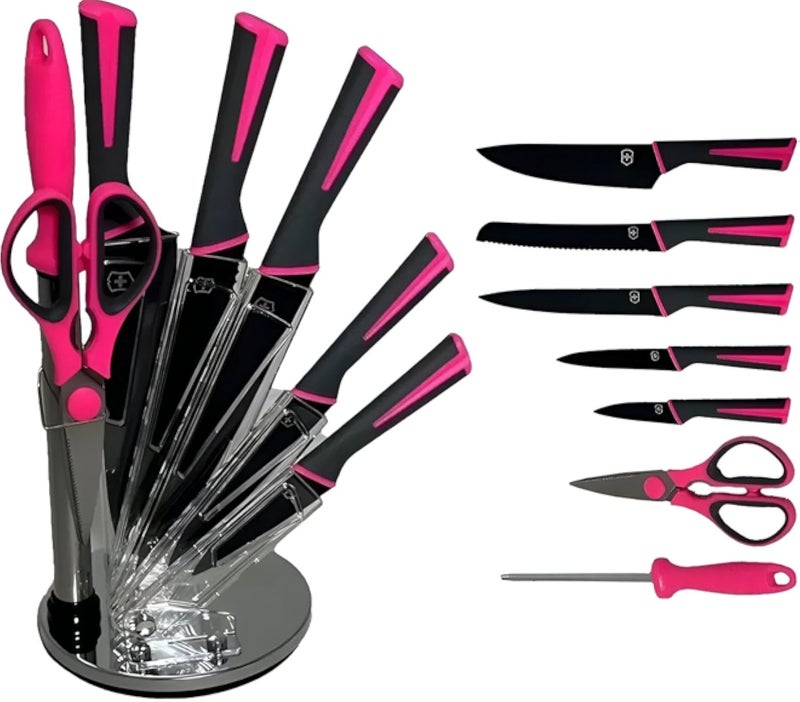 طقم سكاكين مطبخ - مجموعة من 7 قطع باللونين الأسود والوردي مع مبراة ومقص وحامل أكريليك (شفرات من الفولاذ المقاوم للصدأ)