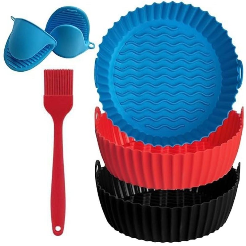 ZORZOP 3 Air Fryer Silicone Liners 3 Air Fryer Accessories 75 inch 35 Qt Food Grade Reusable Silicone BasketsPotsLiners with Oven Mitts Basting Brush Multicolour - Image 1