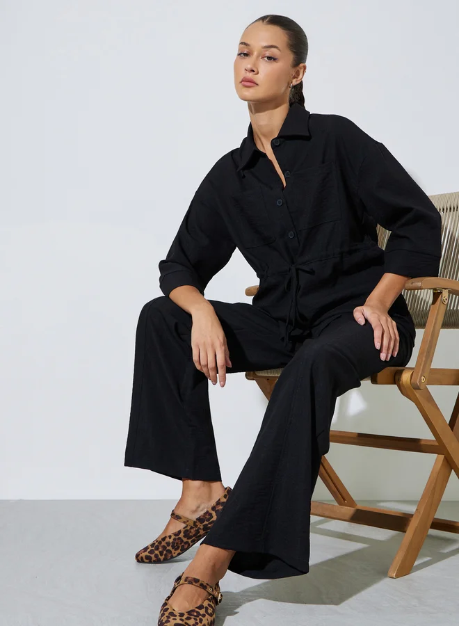 Styli Black Solid Pocket Details Shirt and Wide Leg Trousers Set