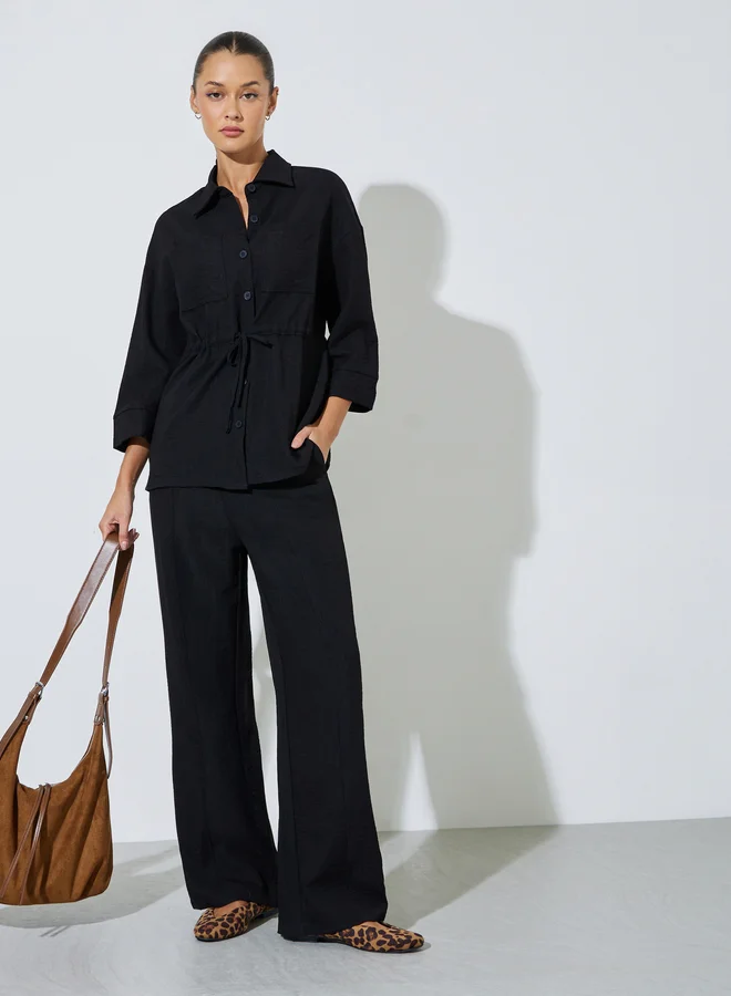 Styli Black Solid Pocket Details Shirt and Wide Leg Trousers Set