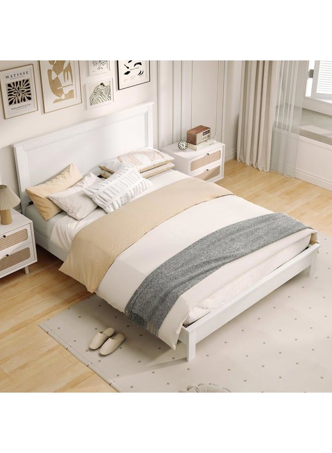 KOMFOTT Queen Size Wood Platform Bed Frame with Headboard, Wooden Mid Century Platform Bed with Slat Support & Under Bed Storage, Mattress Foundation Bed Base, No Box Spring Needed, White - Image 1