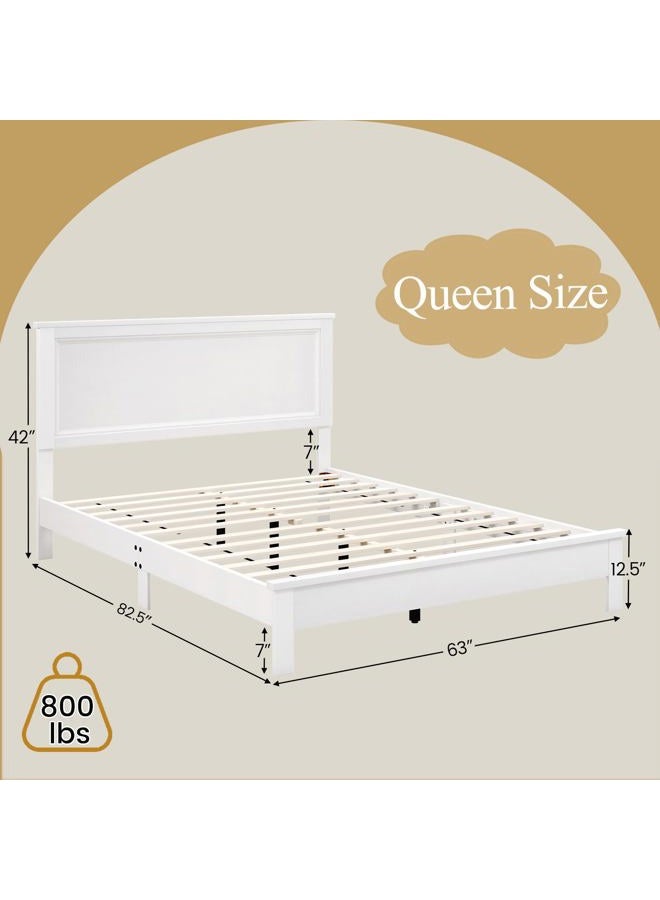 KOMFOTT Queen Size Wood Platform Bed Frame with Headboard, Wooden Mid Century Platform Bed with Slat Support & Under Bed Storage, Mattress Foundation Bed Base, No Box Spring Needed, White - Image 5