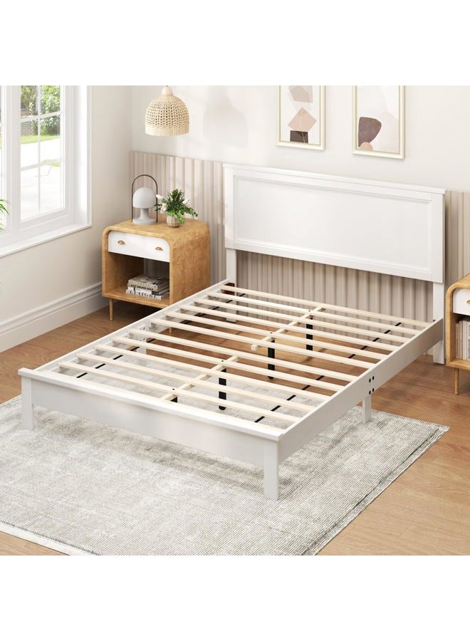 KOMFOTT Queen Size Wood Platform Bed Frame with Headboard, Wooden Mid Century Platform Bed with Slat Support & Under Bed Storage, Mattress Foundation Bed Base, No Box Spring Needed, White - Image 4