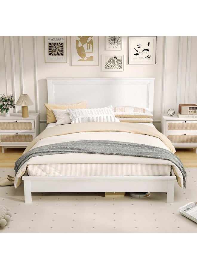 KOMFOTT Queen Size Wood Platform Bed Frame with Headboard, Wooden Mid Century Platform Bed with Slat Support & Under Bed Storage, Mattress Foundation Bed Base, No Box Spring Needed, White - Image 3