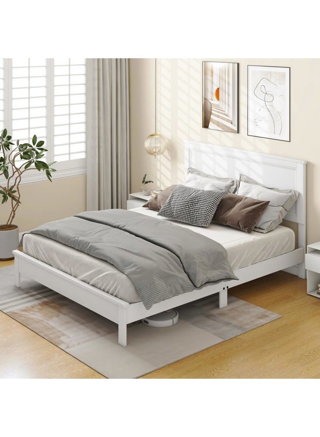 KOMFOTT Queen Size Wood Platform Bed Frame with Headboard, Wooden Mid Century Platform Bed with Slat Support & Under Bed Storage, Mattress Foundation Bed Base, No Box Spring Needed, White - Image 2