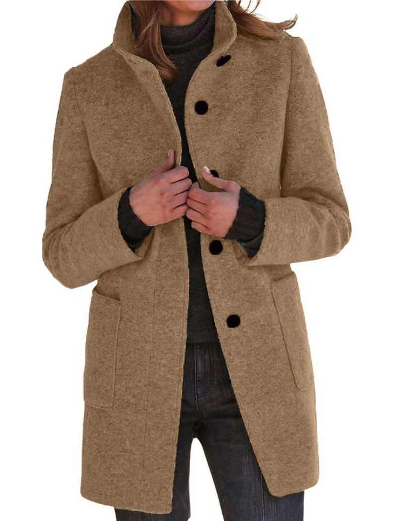 CHARTOU Women Winter Long Pea Coat Wool Blend Stand Collar Single Breast Thicken Blazer Jacket (XX-Large, Camel) - Image 1