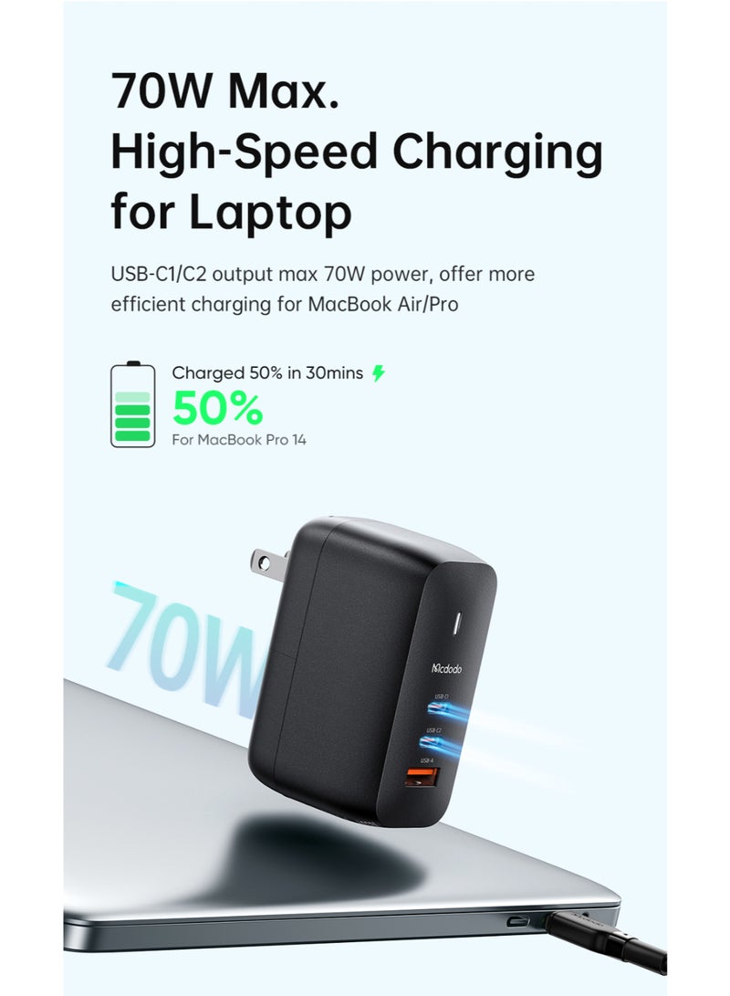 مكدودو Mcdodo شاحن غان (GaN 5 Mini) CH-8442 70 واط، 3 منافذ (2C+1A)، شحن سريع عالمي (UK/US/EU)، مع كابل Type-C إلى Type-C 65 واط 2م - Image 3