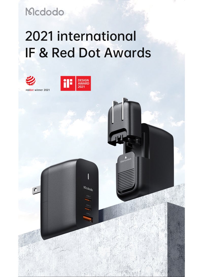 مكدودو Mcdodo شاحن غان (GaN 5 Mini) CH-8442 70 واط، 3 منافذ (2C+1A)، شحن سريع عالمي (UK/US/EU)، مع كابل Type-C إلى Type-C 65 واط 2م - Image 2