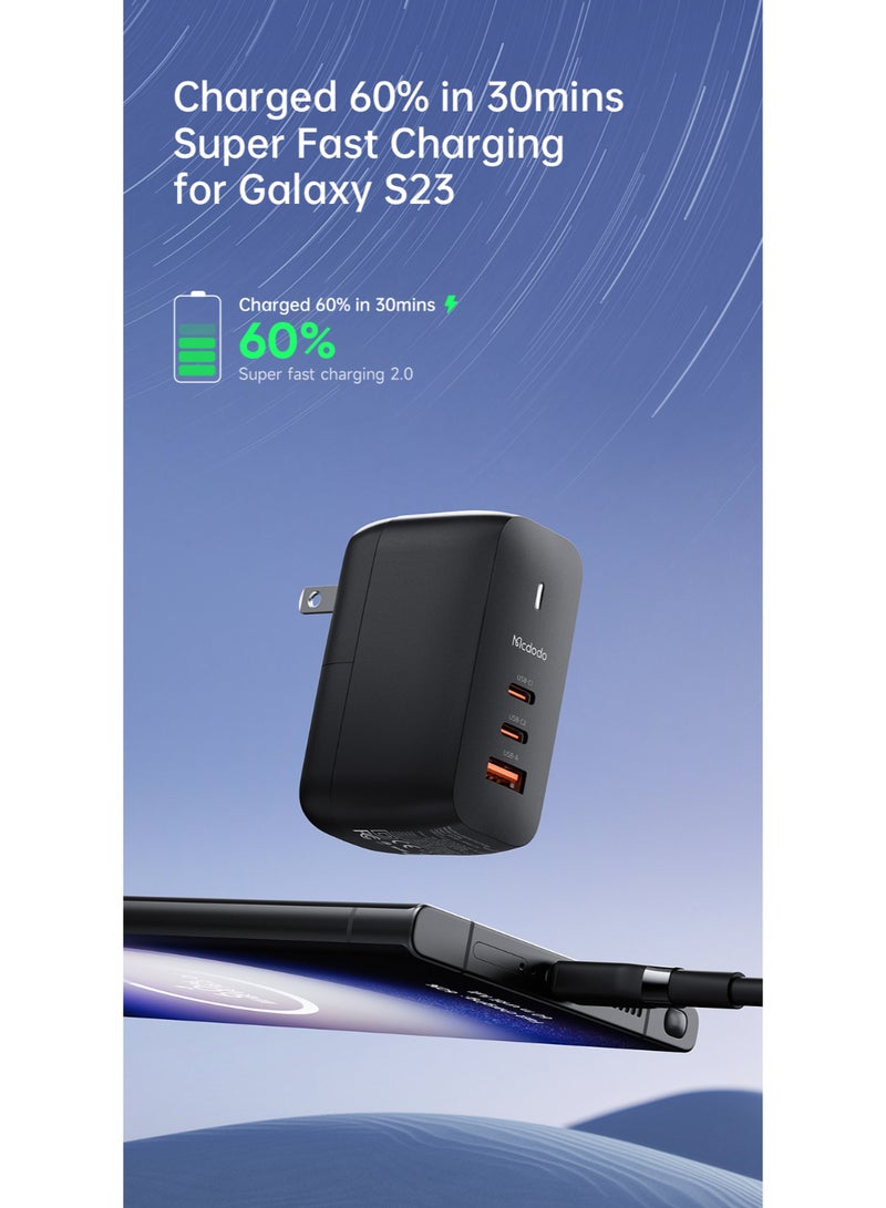 مكدودو Mcdodo شاحن غان (GaN 5 Mini) CH-8442 70 واط، 3 منافذ (2C+1A)، شحن سريع عالمي (UK/US/EU)، مع كابل Type-C إلى Type-C 65 واط 2م - Image 4