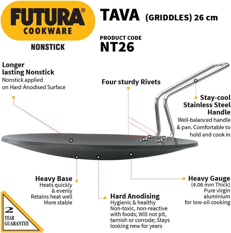 Hawkins Futura Nonstick Tawa, 26cm, 4.06mm Thick, Black - Image 2