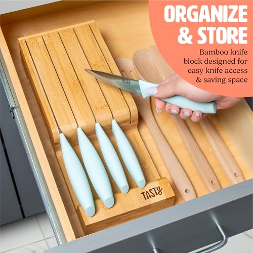 Tasty In-Drawer Kitchen Knife Set, Space-Saving Cutlery and Kitchen Organizer, Includes Chef, Bread, Santoku, Utility and Paring Knives, 6-Piece, Aqua - Image 2