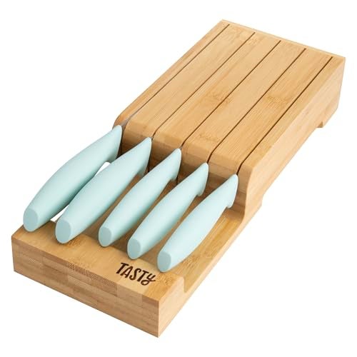 Tasty In-Drawer Kitchen Knife Set, Space-Saving Cutlery and Kitchen Organizer, Includes Chef, Bread, Santoku, Utility and Paring Knives, 6-Piece, Aqua - Image 1