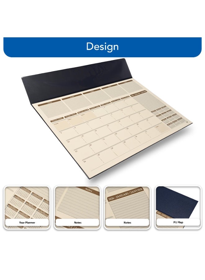 FIS مخطط السنة 2026 - لوحة مكتب PVC مع غطاء PU إيطالي أزرق، 490x340 مم، 12 ورقة شهرية، ورق عاجي، (إنجليزي/فرنسي)، مثالي للاستخدام على المكتب، ملاحظات يومية وتذكيرات - FSDKPEF26BL - Image 3