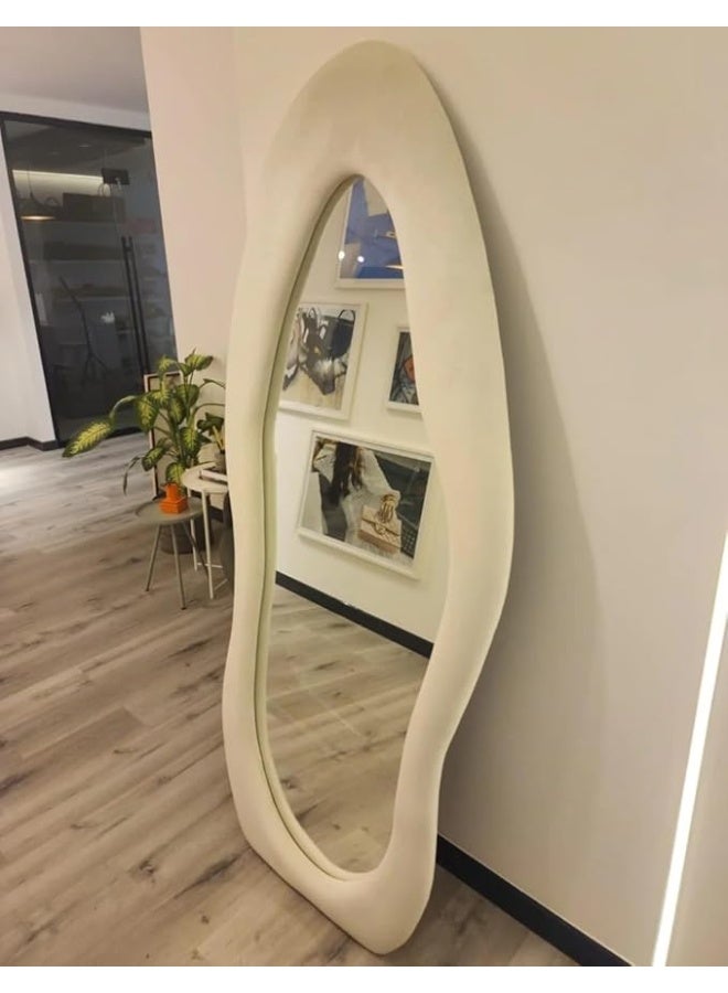 Vphom Full-Length Wavy Mirror, 180x80cm: Irregular Wall & Floor Mirror with Flannel-Wrapped Wooden Frame, Large Dressing Mirror for Bedroom, Living Room & Cloakroom – White - Image 1
