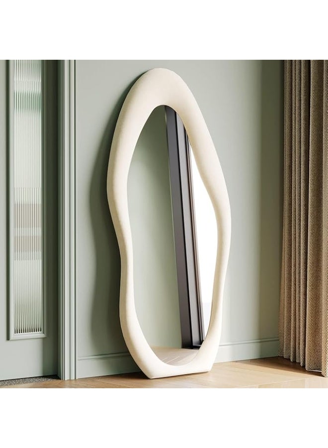 Vphom Full-Length Wavy Mirror, 180x80cm: Irregular Wall & Floor Mirror with Flannel-Wrapped Wooden Frame, Large Dressing Mirror for Bedroom, Living Room & Cloakroom – White - Image 2
