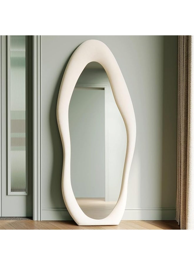 Vphom Full-Length Wavy Mirror, 180x80cm: Irregular Wall & Floor Mirror with Flannel-Wrapped Wooden Frame, Large Dressing Mirror for Bedroom, Living Room & Cloakroom – White - Image 3