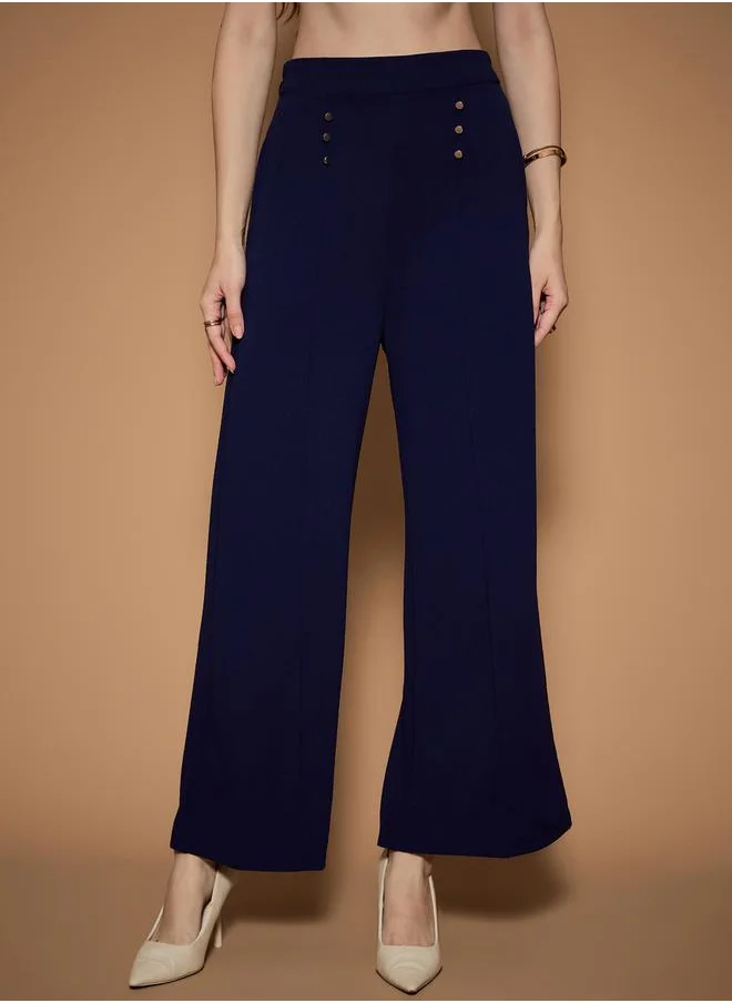 ستايلي High Rise Wide Leg Pants with Button Detail