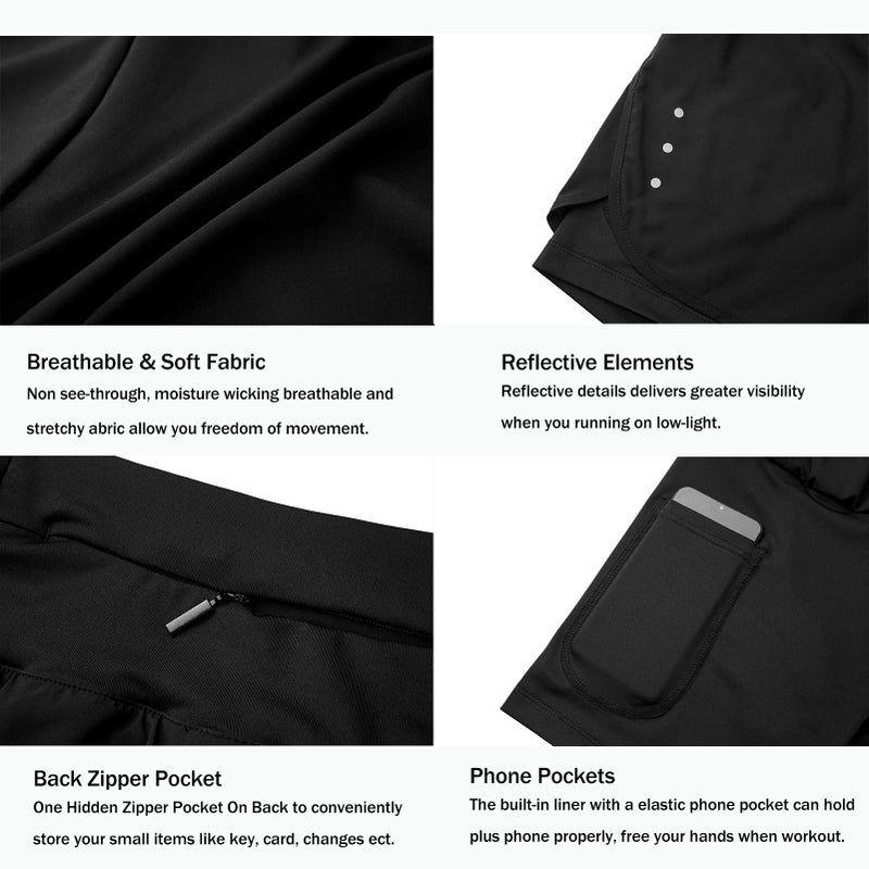Ksmien Women's 2 in 1 Running Shorts - Lightweight Athletic Workout Gym Yoga Shorts Liner with Phone Pockets Black - Image 3