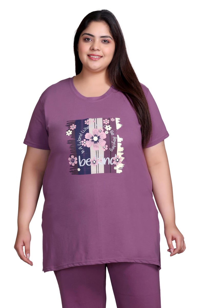 In Love Women's Cotton Plus Size Half Sleeves Semi Long Printed Tshirt for Summers with One Side Pocket for Ladies - Image 1