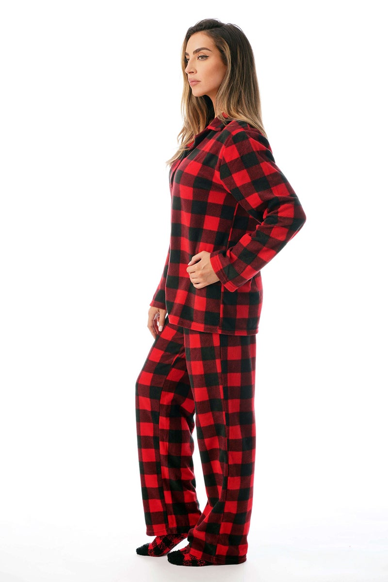 #فولومي #followme طقم بنطال PJ بأزرار أمامية من الصوف الدقيق مطبوع مع جوارب 6370-10195-XL أحمر أسود - بوفالو منقوش - Image 3