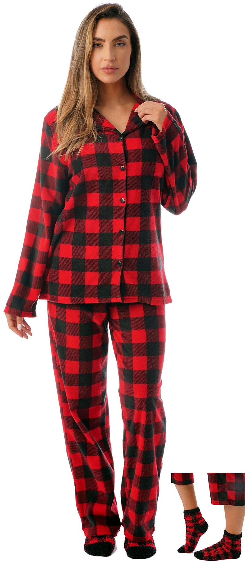 #فولومي #followme طقم بنطال PJ بأزرار أمامية من الصوف الدقيق مطبوع مع جوارب 6370-10195-XL أحمر أسود - بوفالو منقوش - Image 1