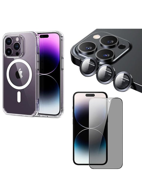 Mi Techo Clear Magnet Case TPU and Privacy Glass Screen Protector and Camera Lens Combo For iPhone 15