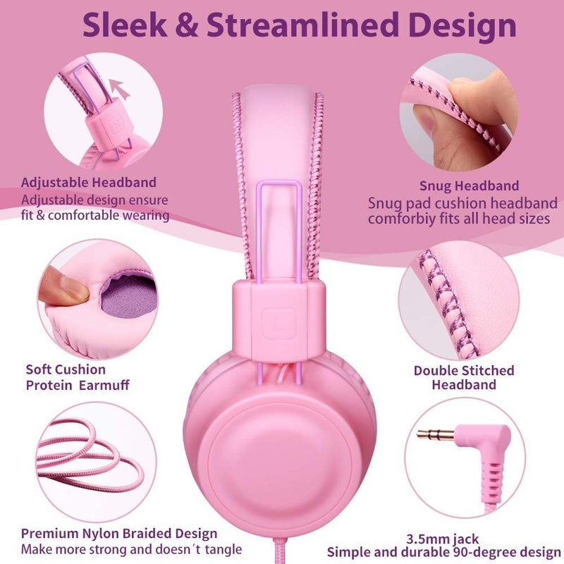 POWMEE M2 Kids Headphones Wired Headphone for Kids,Foldable Adjustable Stereo Tangle-Free,3.5MM Jack Wire Cord On-Ear Headphone for Children/Teens/Girls/School/Kindle/Airplane/Plane/ (Pink) - Image 2