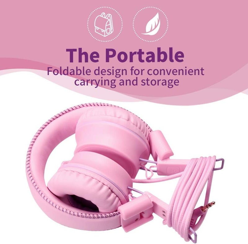 POWMEE M2 Kids Headphones Wired Headphone for Kids,Foldable Adjustable Stereo Tangle-Free,3.5MM Jack Wire Cord On-Ear Headphone for Children/Teens/Girls/School/Kindle/Airplane/Plane/ (Pink) - Image 4