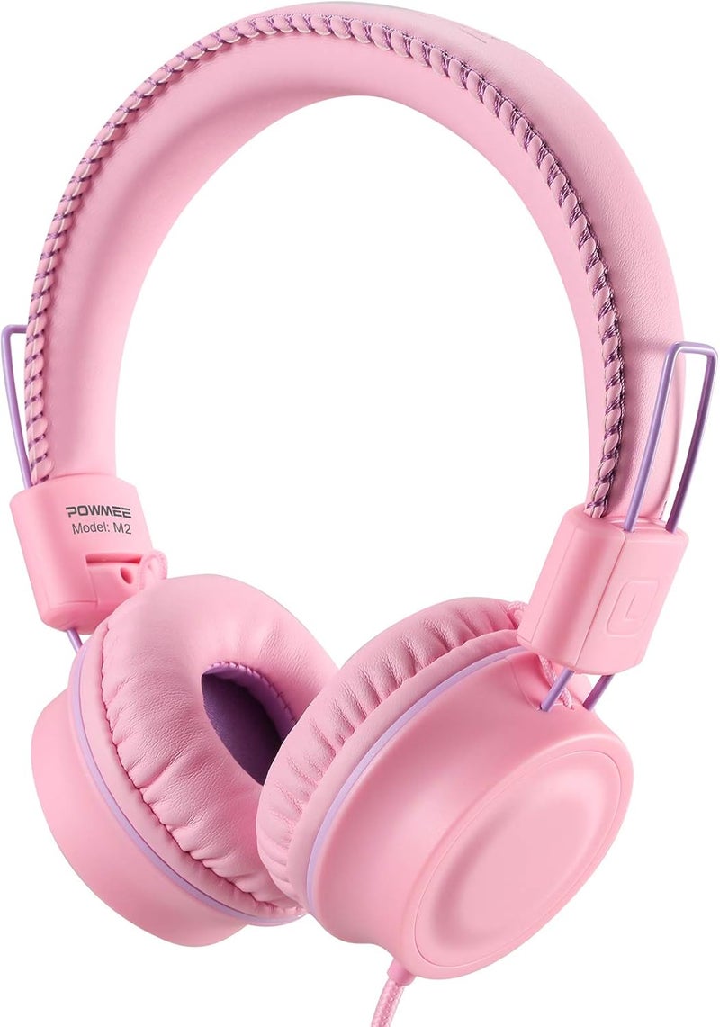 POWMEE M2 Kids Headphones Wired Headphone for Kids,Foldable Adjustable Stereo Tangle-Free,3.5MM Jack Wire Cord On-Ear Headphone for Children/Teens/Girls/School/Kindle/Airplane/Plane/ (Pink) - Image 1