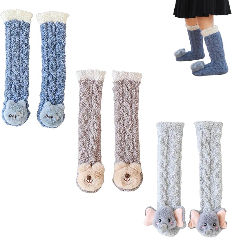 3D Baby Winter Fluffy Fuzzy Slipper Socks, Fleece Baby Toddlers Knee High Socks Cartoon Animal Cozy Fluffy Socks 3pairs-a - Image 1
