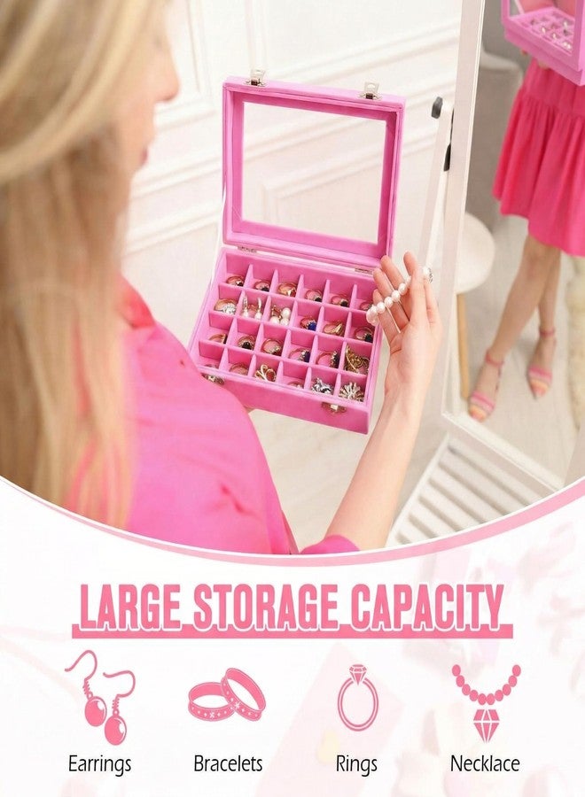 Nosiny 4 Pcs Earrings Jewelry Box Ring Display Case 24 Grids Velvet Jewelry Organizer Box Tray Earrings Holder Storage Case for Girls Wife Mom Women (Pink) - Image 3