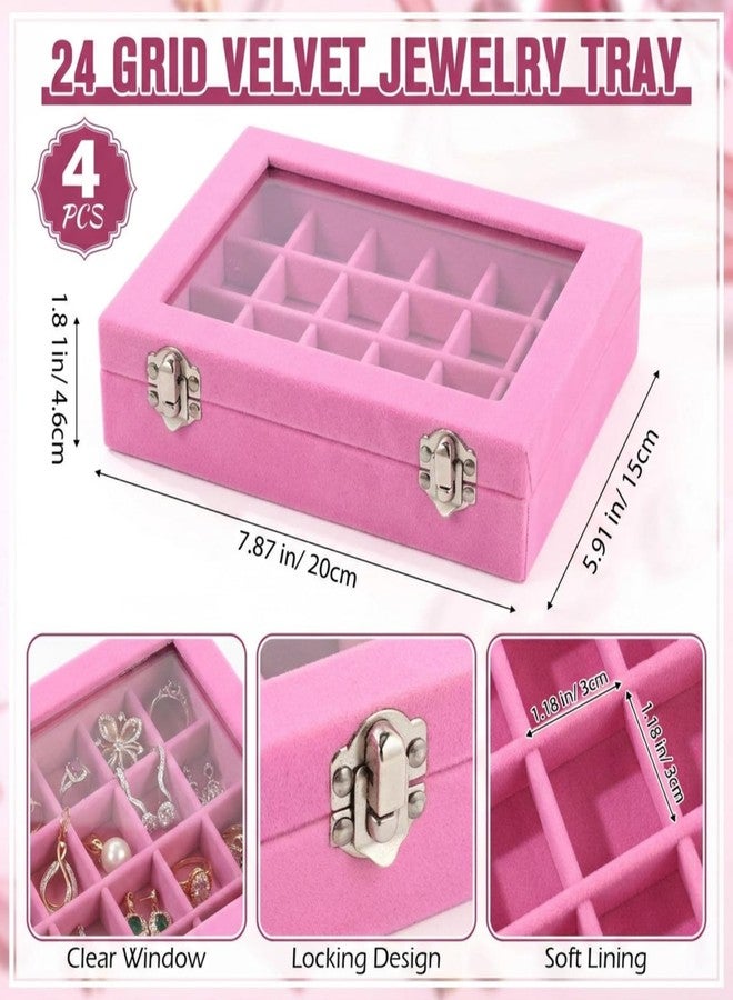 Nosiny 4 Pcs Earrings Jewelry Box Ring Display Case 24 Grids Velvet Jewelry Organizer Box Tray Earrings Holder Storage Case for Girls Wife Mom Women (Pink) - Image 2