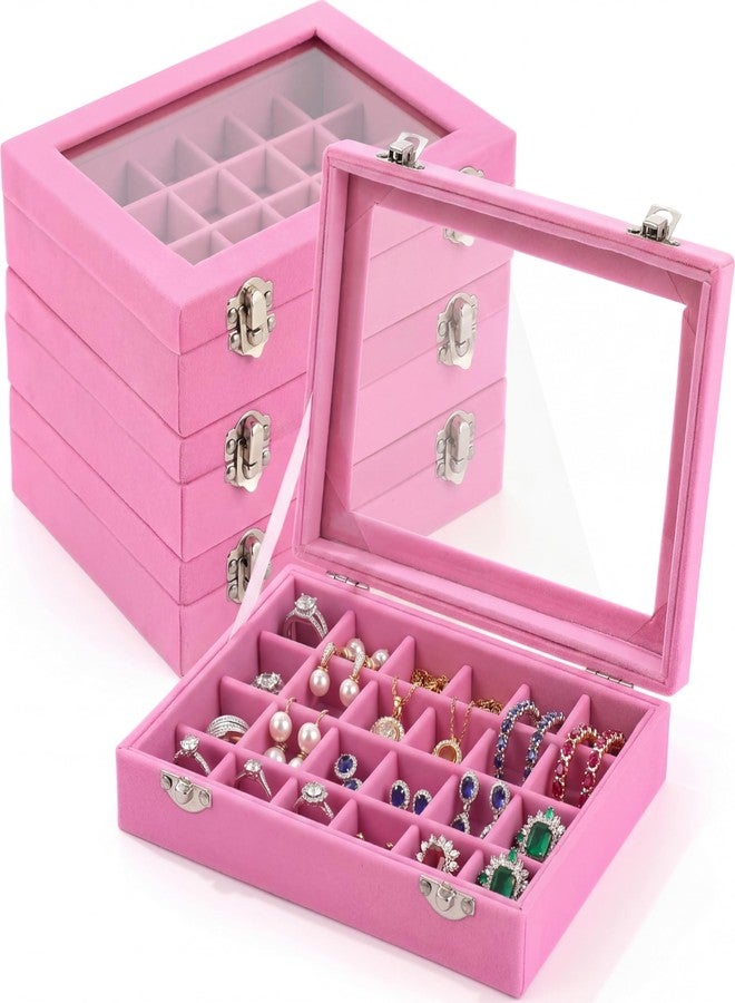 Nosiny 4 Pcs Earrings Jewelry Box Ring Display Case 24 Grids Velvet Jewelry Organizer Box Tray Earrings Holder Storage Case for Girls Wife Mom Women (Pink) - Image 1