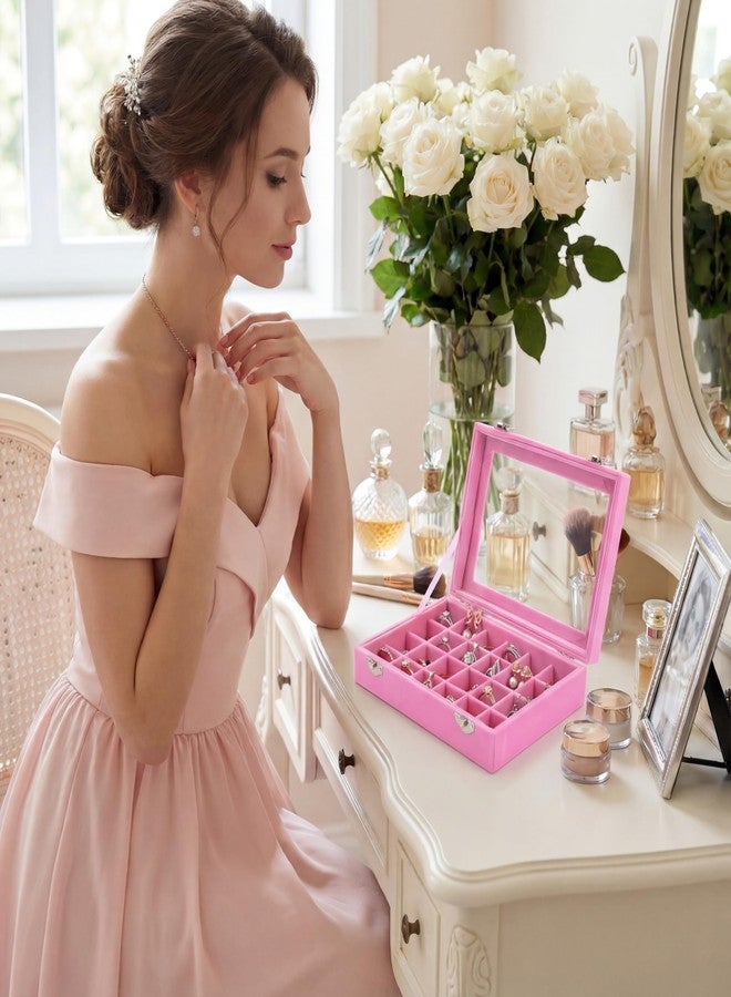 Nosiny 4 Pcs Earrings Jewelry Box Ring Display Case 24 Grids Velvet Jewelry Organizer Box Tray Earrings Holder Storage Case for Girls Wife Mom Women (Pink) - Image 4