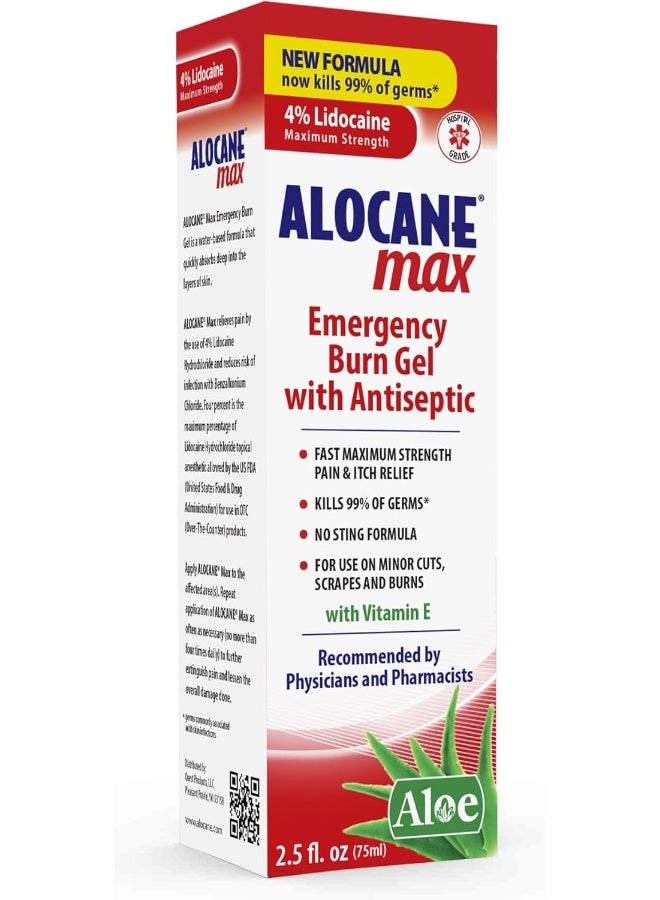 Alocane Emergency Burn Gel, 4% Lidocaine Maximum Strength Fast Pain and Itch Relief for Minor Burns, Sunburn, Kitchen, Radiation, Chemical, First Degree Burns, First Aid Treatment Burn Care 2.5 Fl Oz - Image 1
