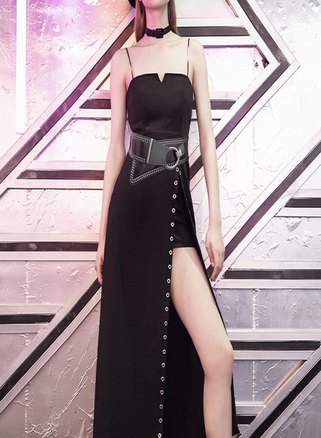 macoking Womens Studded Belt Elastic Wide Punk Chunky Waistband for 80s Retro Dresses, Black, L - Image 2