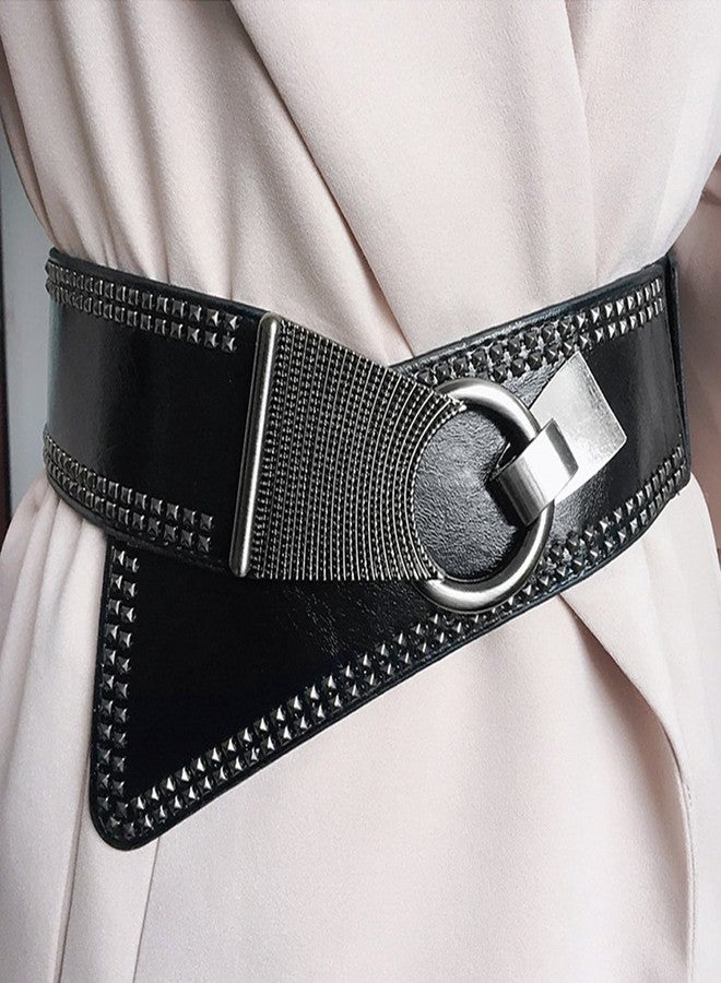 macoking Womens Studded Belt Elastic Wide Punk Chunky Waistband for 80s Retro Dresses, Black, L - Image 3