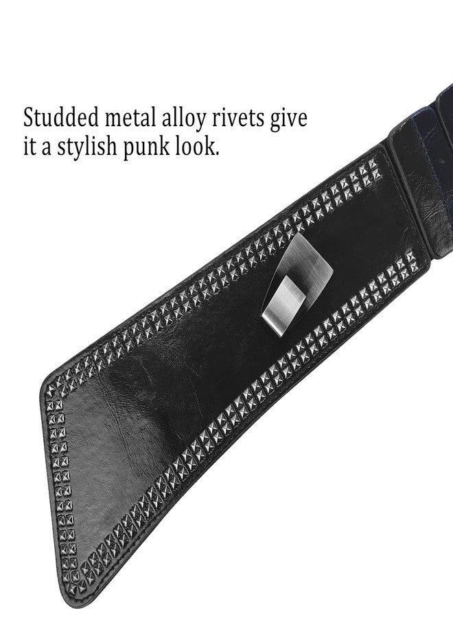 macoking Womens Studded Belt Elastic Wide Punk Chunky Waistband for 80s Retro Dresses, Black, L - Image 5