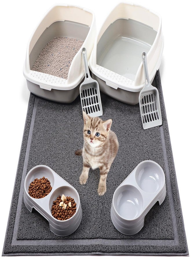 Sliner 7 Pcs Litter Box Kitten Kit Include 2 Pcs Kitten Litter Box Low Entry, 2 Cat Bowls, 1 Large Waterproof Nonslip Mat, 2 Scoopers - Image 1