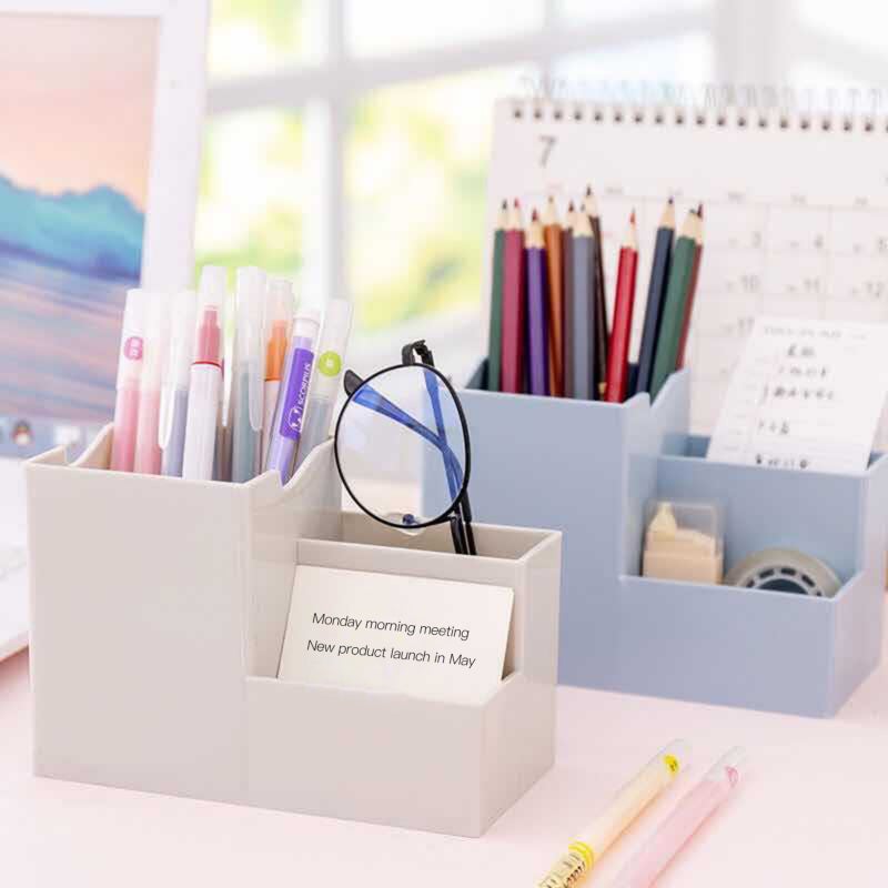 Desk Organizer: 4.0 X 2.9 X 1.8 Inch Grey Premium Wood Plastic Board Multi-Compartment Pen Holder - Space-Saving Desk Accessory for Home Office, School, Dormitory - Image 2