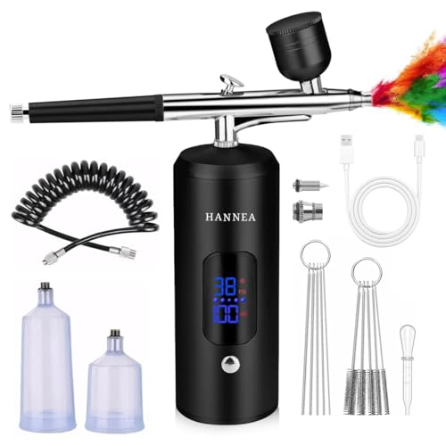 HANNEA® Airbrush Kit Rechargeable LCD Air brush Spray Gun with 3 Pressure Level 0.3mm Nozzle Air Brush for Painting & Airbrush Makeup Machine for Barber, Nail Art, Cake Decor, Model Painting(Black) - Image 1