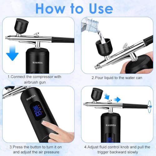 HANNEA® Airbrush Kit Rechargeable LCD Air brush Spray Gun with 3 Pressure Level 0.3mm Nozzle Air Brush for Painting & Airbrush Makeup Machine for Barber, Nail Art, Cake Decor, Model Painting(Black) - Image 4
