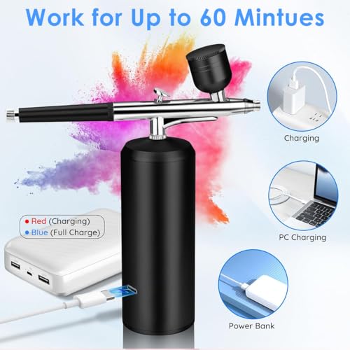 HANNEA® Airbrush Kit Rechargeable LCD Air brush Spray Gun with 3 Pressure Level 0.3mm Nozzle Air Brush for Painting & Airbrush Makeup Machine for Barber, Nail Art, Cake Decor, Model Painting(Black) - Image 3