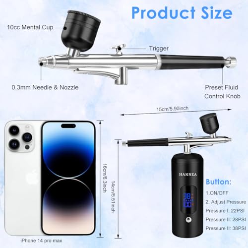 HANNEA® Airbrush Kit Rechargeable LCD Air brush Spray Gun with 3 Pressure Level 0.3mm Nozzle Air Brush for Painting & Airbrush Makeup Machine for Barber, Nail Art, Cake Decor, Model Painting(Black) - Image 2