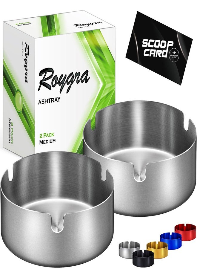 roygra Ash Tray (2 Pack), Outdoor Ashtray for Outside Patio, Stainless Steel Ashtrays for Cigarettes with 3 Holder, Smoking Accessories, Home Décor, Ashtrays for Smokers Indoor - Silver, Medium - Image 1