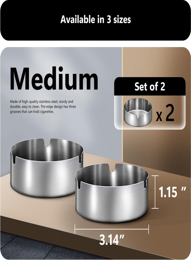 roygra Ash Tray (2 Pack), Outdoor Ashtray for Outside Patio, Stainless Steel Ashtrays for Cigarettes with 3 Holder, Smoking Accessories, Home Décor, Ashtrays for Smokers Indoor - Silver, Medium - Image 2